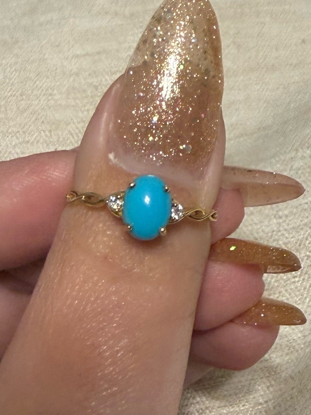 14k Gold Ring with Turquoise Oval Stone and Diamond Accents